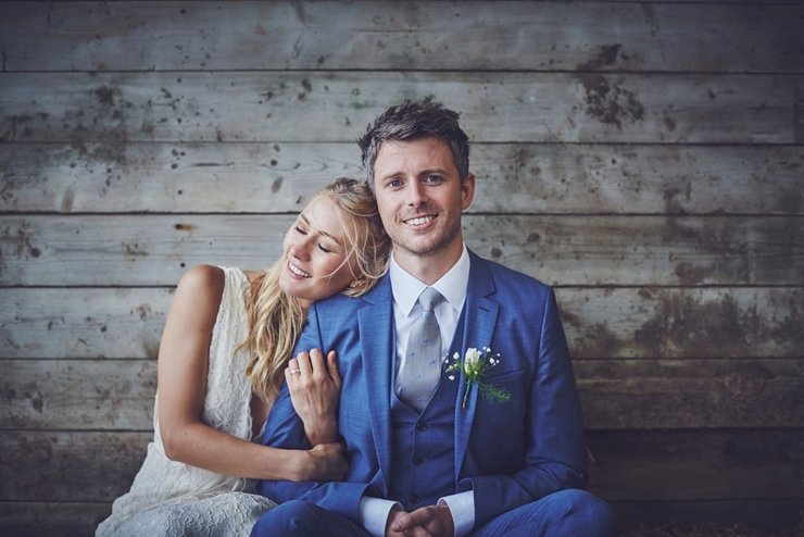 couples portraits at eco wedding at East Soar Farm in Devon