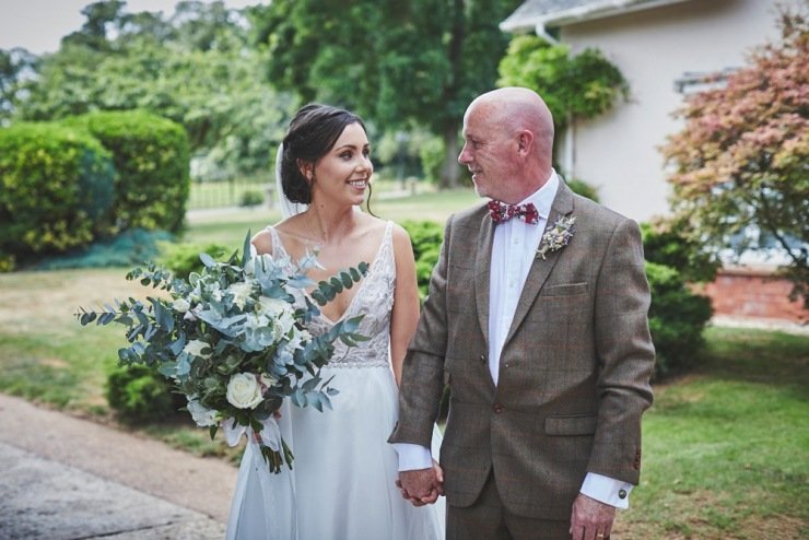 bride and dad before the wedding ceremony at Upton Barn and walled garden Devon