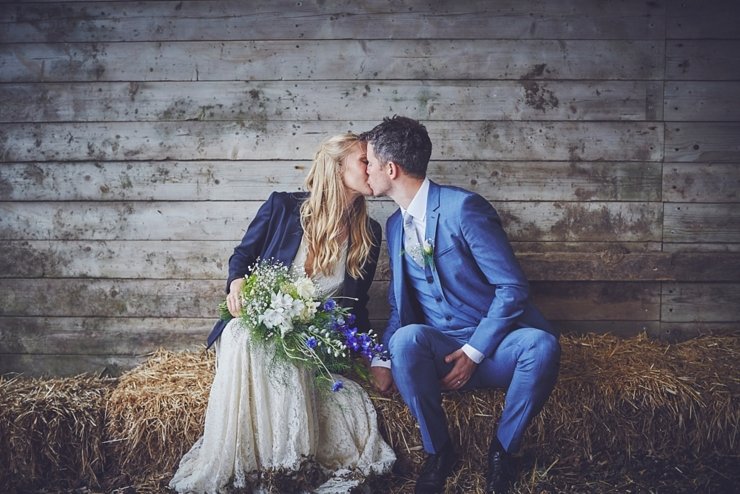 happy couple at eco wedding at East Soar Farm in Devon